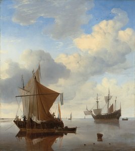 Eine ruhige See - ein Smalschip und eine Kaag vor Anker mit einem englischen Kriegsschiff im Hintergrund von Willem van de Velde