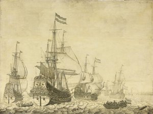 Seestück mit niederländischen Kriegsschiffen, darunter die Drenthe und der Prinz Friedrich-Henry, ca. 1670 von Willem van de Velde