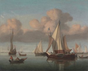 Eine Kaag vor Anker mit gehissten Segeln und eine Staatsyacht und andere Schiffe von Willem van de Velde the Younger