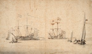 Eine Kaag läuft frei und zwei niederländische Flaggschiffe vor Anker, um 1665