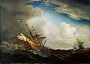 Englische Schiffe auf See, die gegen den Wind in einem Sturm segeln