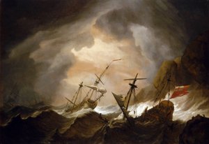 Zwei britische Schiffe im Sturm nahe einer felsigen Küste. Öl auf Leinwand, um 1700, von Willem van de Velde (1633-1707). von Willem van de Velde the Younger