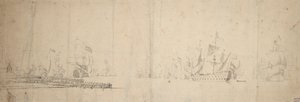 Eine niederländische Flotte, die sich von einem Pier entfernt, ca. 1665 von Willem van de the Elder Velde