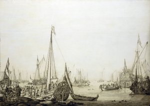 Eine Vielzahl von Schiffen in einem überfüllten Hafen, historisch verbunden mit der Reise von Charles II. von England (1630-1685) nach Den Haag (Holland) im Jahr 1660, während der Wiederherstellung seiner Macht über den englischen Thron von Willem van de the Elder Velde