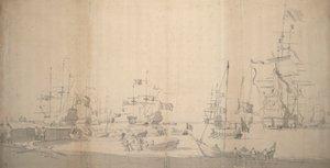 Eine Weyschuit wird in einem überfüllten Hafen an Land gezogen, ca. 1672