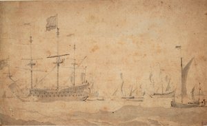 Ein englisches Flaggschiff vor Anker, möglicherweise im Juni 1673 von Willem van de the Elder Velde