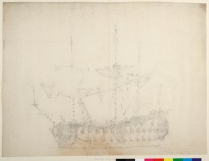 Ein englisches Drittklasseschiff mit 60 Kanonen, von der Backbordseite gesehen, ca. 1673