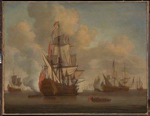 Ruhe: ein englischer Zweidecker mit gelösten Segeln feuert einen Salut von Willem van de the Elder Velde