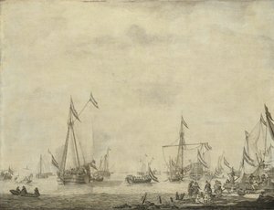 Königliche Yacht und Staatsyacht segeln von Moerdijk mit Karl II. von Willem van de the Elder Velde
