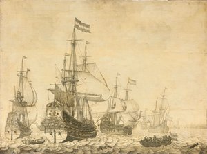 Seestück mit Niederländischen Kriegsschiffen von Willem van de the Elder Velde