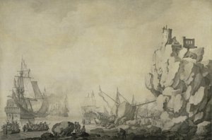 Schiffe und Miliz an einer felsigen Küste, ca. 1680 von Willem van de the Elder Velde