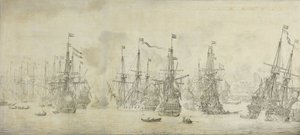 Der gescheiterte Angriff der Engländer auf die Rückkehrflotte im Hafen von Bergen von Willem van de the Elder Velde