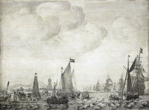 Handelsschiffe in den Orient und ihre Eskorte, die Vlie (oder Vliestroom) verlassen, Seeweg zwischen den Inseln Vlieland und Treschelling (Holland), 9. Juni 1645 von Willem van de the Elder Velde