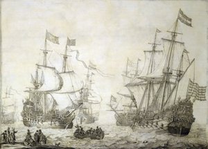 Zwei Handelsschiffe der Niederländischen Ostindien-Kompanie verlassen das Ufer bei ruhigem Wind