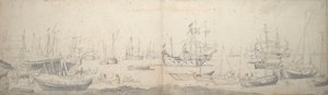 Weyschuits, eine Kaag und niederländische Kriegsschiffe im Texel