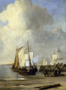 Eine Kaag am Ufer, ein niederländisches Boot für die Binnenschifffahrt von Willem van de Velde the Younger