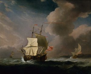 Ein englischer Zweidecker bei starkem Wind mit einem weiteren Schiff im Hintergrund