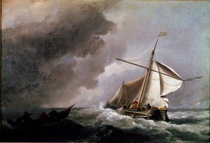 Niederländisches Schiff senkt die Segel und wartet auf ein Rettungsboot