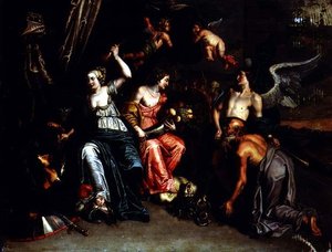 Landwirtschaft begleitet von Ruhm, der Ceres als Harpyie verehrt, wird niedergetrampelt und Minerva überwindet Mars von Willem van the Elder Herp