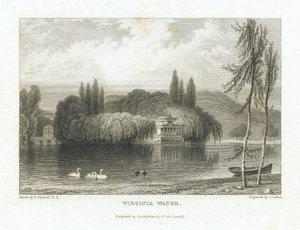 Virginia Water, See Surrey (England), in der Nähe von Windsor, Ansicht des chinesischen Pavillons, umgeben von Bäumen auf einer Insel in der Mitte des Sees. Gravur von J. Lewis nach William Daniell (1769-1837). von William (after) Daniell