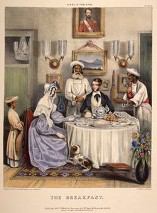 Das Frühstück. Ein junges Ehepaar (ein Beamter der East India Company und seine Frau) frühstückt mit gebratenem Fisch, Reis und Sylhet-Orangen, mit Dienern im Dienst. Lithographie von J. Bouvier