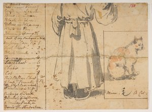 180 Katze, Figur und Liste von Alexanders Gepäck, aus einem Album mit 372 Zeichnungen von Landschaften, Küstenlinien, Kostümen und Alltagsleben, erstellt während der Gesandtschaft von Lord Macartney zum Kaiser von China, zwischen 1792 und 1794 (Bleistift u von William Alexander