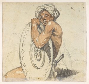Junger Mann mit Schild, aus einem Album von 372 Zeichnungen von Landschaften, Küstenlinien, Kostümen und Alltagsleben während der Botschaft von Lord Macartney an den Kaiser von China, zwischen 1792 und 1794 von William Alexander