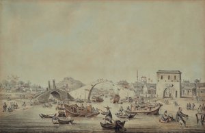 Chinesische Lastkähne der Botschaft, die sich darauf vorbereiten, unter einer Brücke hindurchzufahren von William Alexander