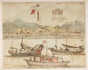 Boote und Triumphbögen, aus einem Album mit 372 Zeichnungen von Landschaften, Küstenlinien, Kostümen und Alltagsleben, erstellt während der Botschaft von Lord Macartney an den Kaiser von China, zwischen 1792 und 1794 von William Alexander