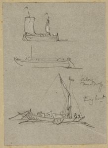Drei Skizzen von Düsseldorfer Flussbooten von William Alfred Delamotte