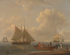 Eine Fähre bringt Passagiere zu zwei verankerten Paketen von William Anderson