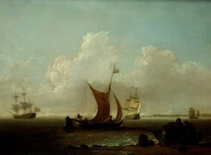 Niederländische Schiffe vor der Küste Hollands mit Fischern beim Beladen eines Bootes an Land von William Anderson