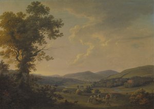 Landschaft mit Heuarbeitern und einem entfernten Blick auf ein georgianisches Haus