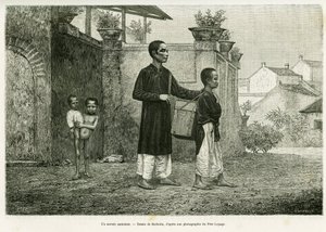 Ein wandelnder Zauberer, ein blinder Masseur. Gravur von Barbotin zur Illustration der Geschichte Trente mois au Tonkin, 1884, von Dr. Paul Hocquard, in Le Tour du Monde 1890, unter der Leitung von Edouard Charton, Hachette, Paris