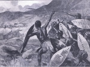 Kämpfe in den Matoppo-Hügeln: Angriff der Matabele, Illustration aus Cassells Geschichte Englands, 1900er Jahre
