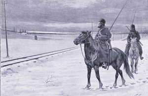 Bewachung der Eisenbahn in der Nähe von Mukden, Illustration aus Cassells Geschichte des Russisch-Japanischen Krieges Band 1, ca. 1900