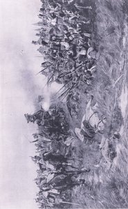 Das 28. Gloucester Regiment empfängt französische Kavallerie bei Waterloo am 18. Juni 1815, Illustration aus Britische Schlachten zu Land und zu Wasser, 1915