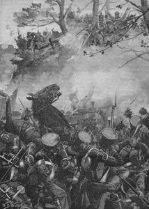 Die Franzosen stürmten mit triumphierenden Schreien vor und schossen in die hohle Straße hinunter, 1902 von William Barnes Wollen