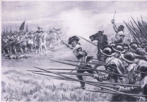 Der Angriff der royalistischen Infanterie bei Naseby, Juni 1645, Illustration aus British Battles on Land and Sea, 1915