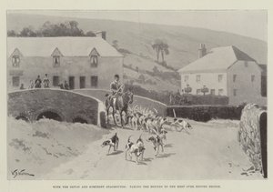 Mit den Devon und Somerset Staghounds, die Hunde zum Treffen über die Exford-Brücke bringen von William Barnes Wollen