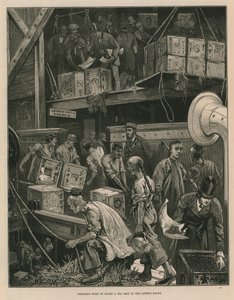 Ladung auf einem Teeschiff in den Londoner Docks brechen (Stich) von William Bazett Murray