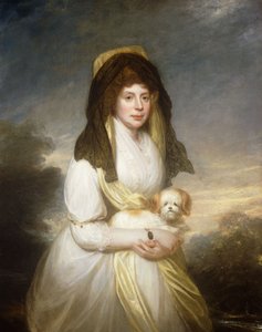 Porträt von Königin Charlotte, Dreiviertellänge, in einem weißen Kleid, einem gelben Schal und einer schwarzen Mantilla, einen Malteserhund haltend, im Garten von Frogmore House