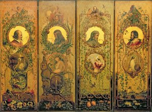 Ein vierblättriger Paravent mit Porträts von Shakespeare, Milton, Chaucer und Spenser