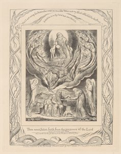 Buch Hiob, Platte 5, Satan geht aus der Gegenwart des Herrn und Hiobs Barmherzigkeit von William Blake