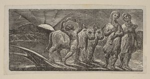 Junge kehrt freudig zurück, mit Pflug und Ochsen, aus Thorntons Pastoralen von Virgil, 1821 von William Blake