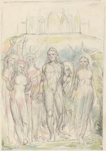 Christian mit dem Schild des Glaubens nimmt Abschied von seinen Gefährten von William Blake