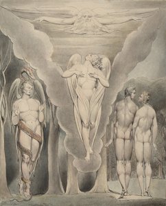 Illustration 4 zu Miltons "Das verlorene Paradies": Satan spioniert Adam und Eva aus und Raphaels Abstieg ins Paradies von William Blake