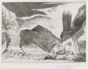 Der Kreis der Fälscher: Dante und Virgil halten sich wegen des Gestanks die Nasen zu von William Blake