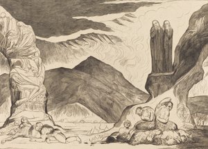 Der Kreis der Fälscher: Dante und Virgil halten sich die Nase wegen des Gestanks zu, 1827 von William Blake