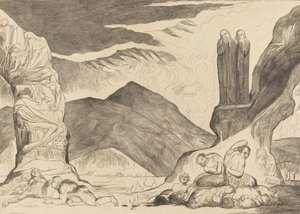 Der Kreis der Fälscher: Dante und Virgil halten sich die Nase wegen des Gestanks zu von William Blake